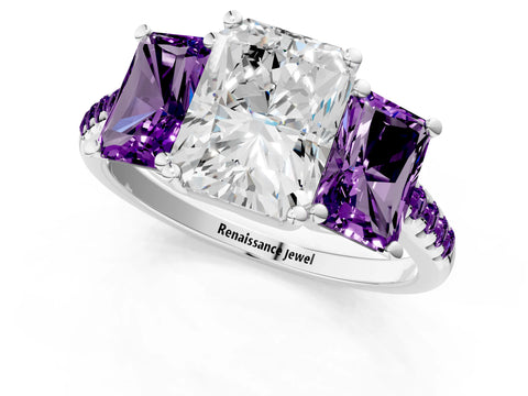 White gold Three-Stone Radiant Cut Diamond Ring with Round with Amethyst side stone Pavé Band and Prong Setting_1