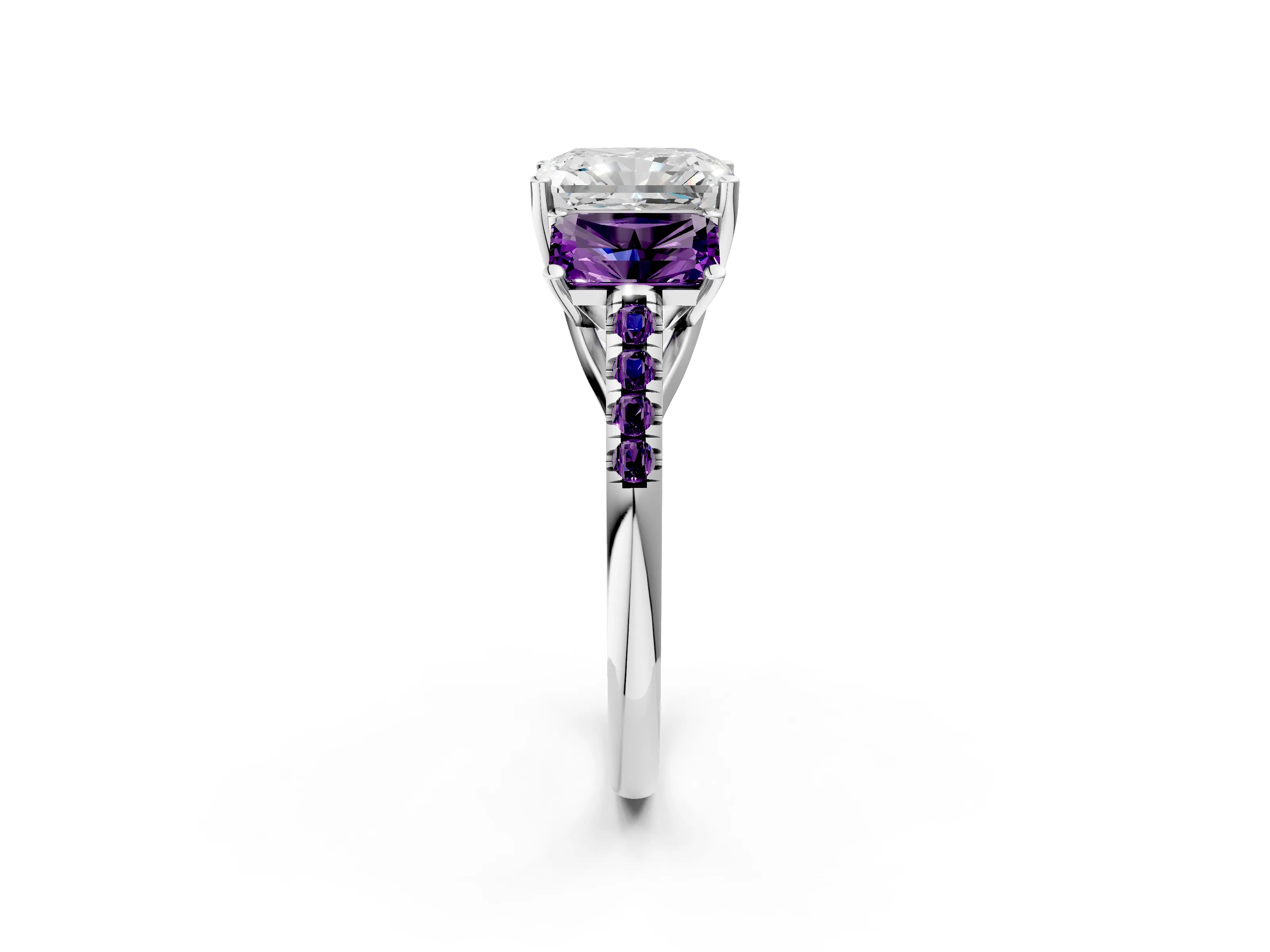 White gold Three-Stone Radiant Cut Diamond Ring with Round with Amethyst side stone Pavé Band and Prong Setting_2