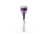 White gold Three-Stone Radiant Cut Diamond Ring with Round with Amethyst side stone Pavé Band and Prong Setting_2