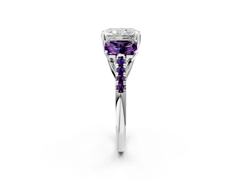 White gold Three-Stone Radiant Cut Diamond Ring with Round with Amethyst side stone Pavé Band and Prong Setting_2