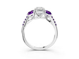 White gold Three-Stone Radiant Cut Diamond Ring with Round with Amethyst side stone Pavé Band and Prong Setting_3