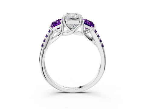 White gold Three-Stone Radiant Cut Diamond Ring with Round with Amethyst side stone Pavé Band and Prong Setting_3