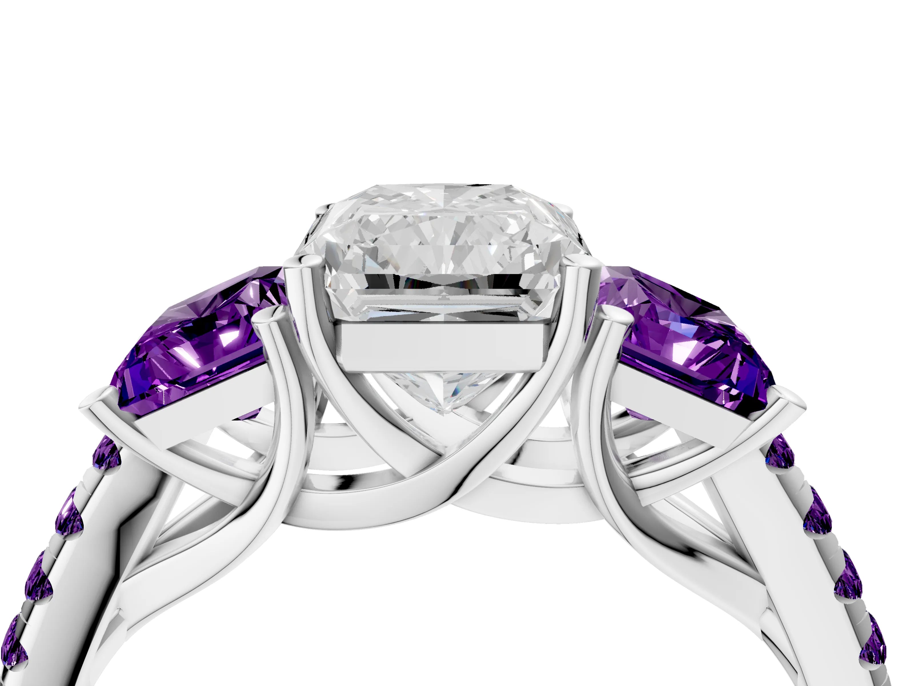 White gold Three-Stone Radiant Cut Diamond Ring with Round with Amethyst side stone Pavé Band and Prong Setting_4