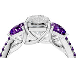 White gold Three-Stone Radiant Cut Diamond Ring with Round with Amethyst side stone Pavé Band and Prong Setting_4