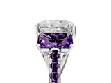 White gold Three-Stone Radiant Cut Diamond Ring with Round with Amethyst side stone Pavé Band and Prong Setting_5