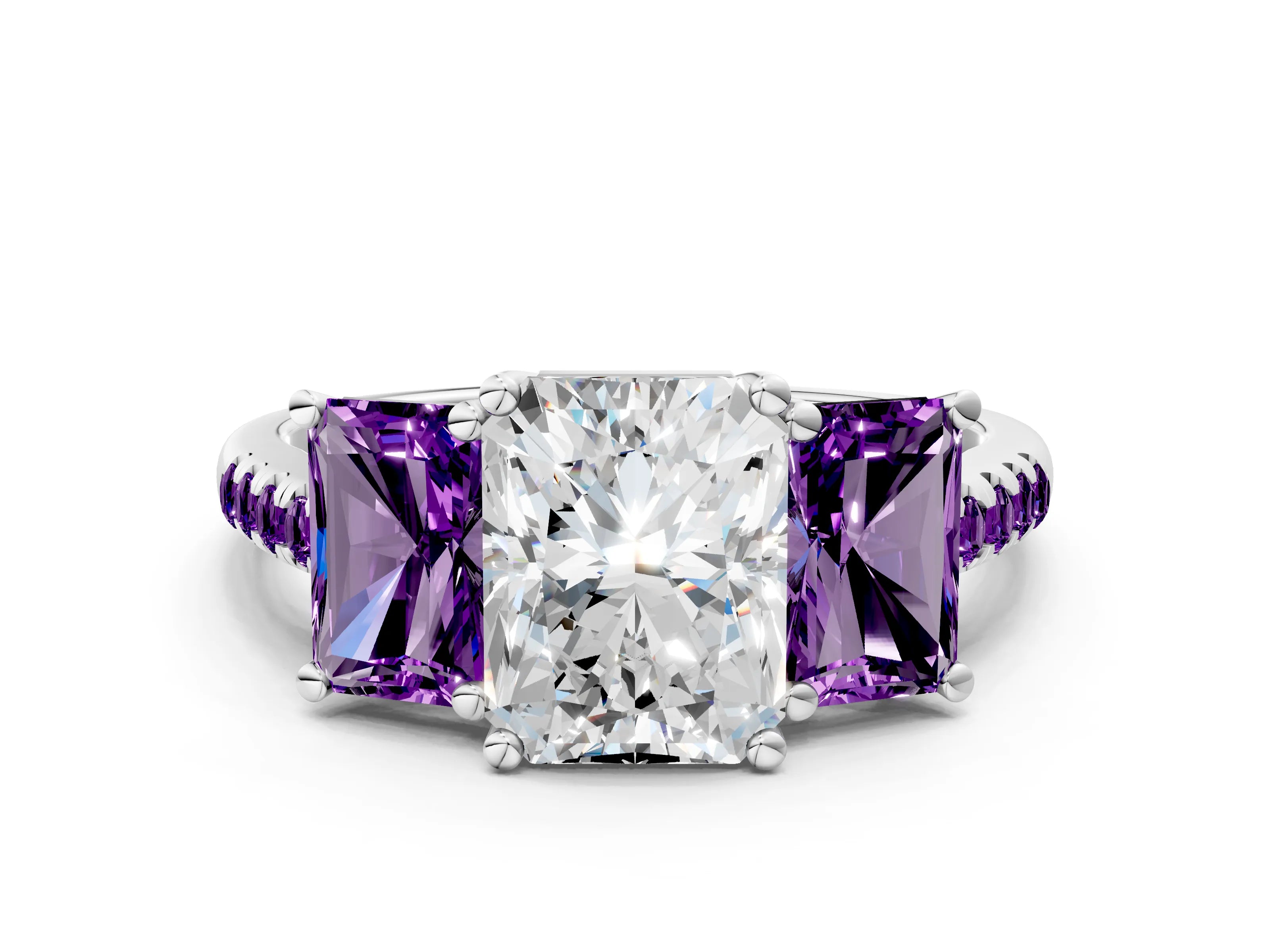 White gold Three-Stone Radiant Cut Diamond Ring with Round with Amethyst side stone Pavé Band and Prong Setting