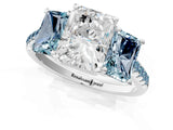 White gold Three-Stone Radiant Cut Diamond Ring with Round with Aquamarine side stone Pavé Band and Prong Setting_1