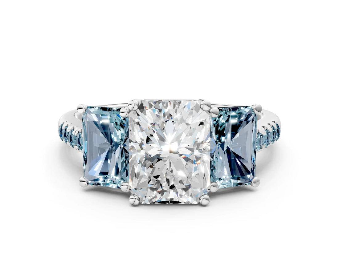 White gold Three-Stone Radiant Cut Diamond Ring with Round with Aquamarine side stone Pavé Band and Prong Setting_12