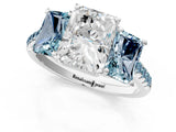 White gold Three-Stone Radiant Cut Diamond Ring with Round with Aquamarine side stone Pavé Band and Prong Setting_13