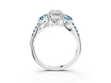 White gold Three-Stone Radiant Cut Diamond Ring with Round with Aquamarine side stone Pavé Band and Prong Setting_15