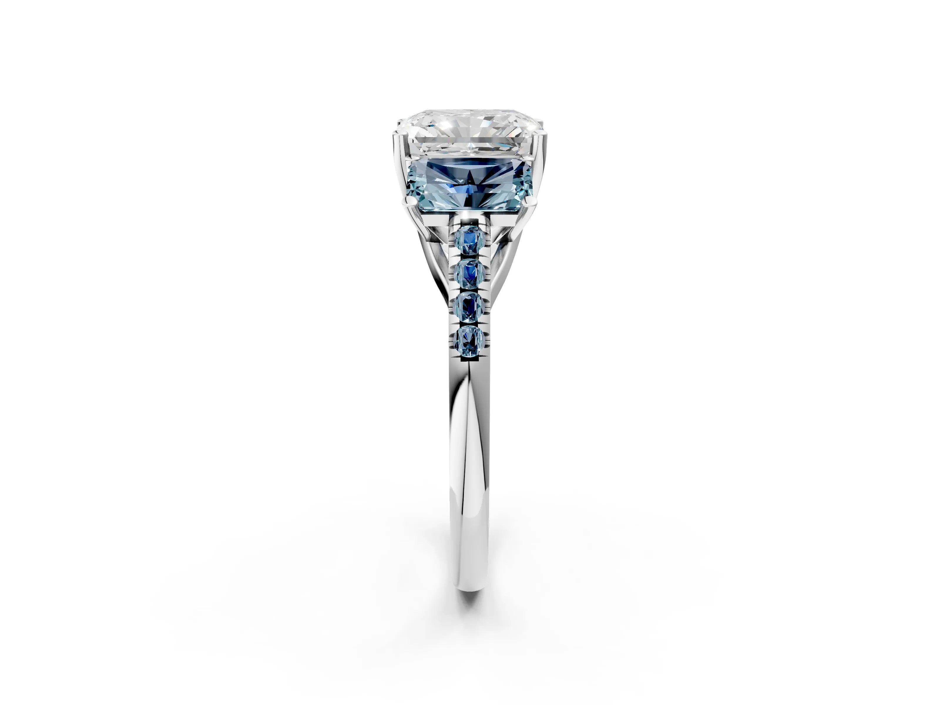 White gold Three-Stone Radiant Cut Diamond Ring with Round with Aquamarine side stone Pavé Band and Prong Setting_2