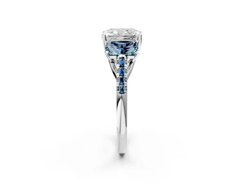 White gold Three-Stone Radiant Cut Diamond Ring with Round with Aquamarine side stone Pavé Band and Prong Setting_2