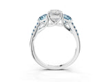 White gold Three-Stone Radiant Cut Diamond Ring with Round with Aquamarine side stone Pavé Band and Prong Setting_3