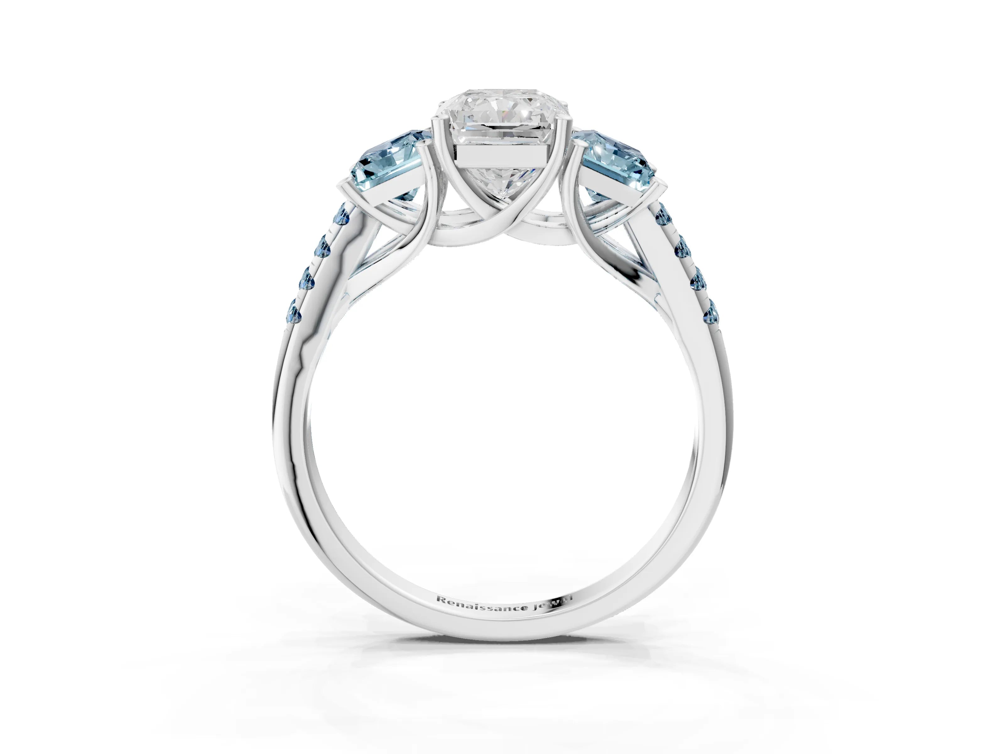 White gold Three-Stone Radiant Cut Diamond Ring with Round with Aquamarine side stone Pavé Band and Prong Setting_3