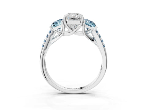 White gold Three-Stone Radiant Cut Diamond Ring with Round with Aquamarine side stone Pavé Band and Prong Setting_3
