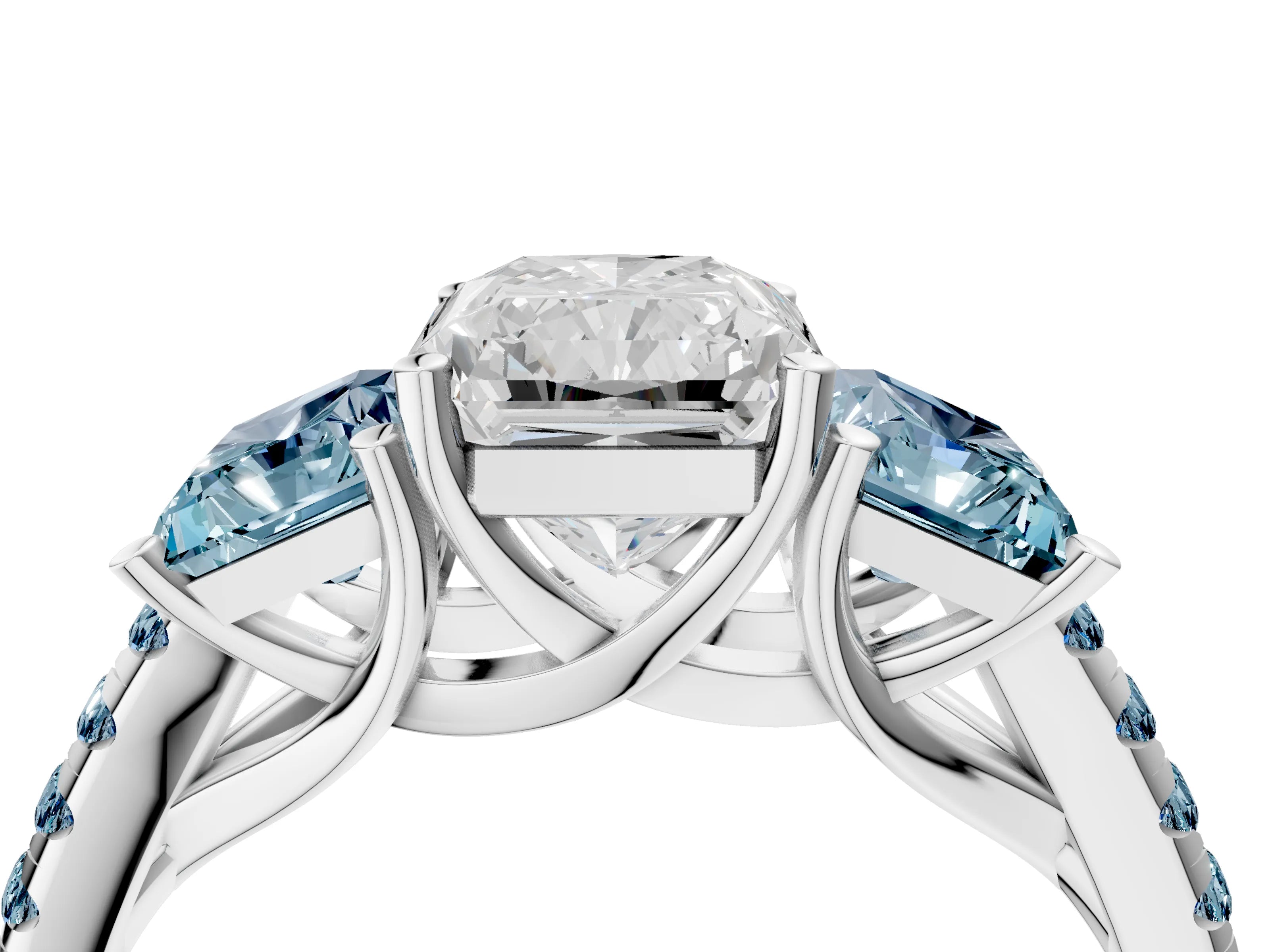 White gold Three-Stone Radiant Cut Diamond Ring with Round with Aquamarine side stone Pavé Band and Prong Setting_4
