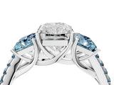 White gold Three-Stone Radiant Cut Diamond Ring with Round with Aquamarine side stone Pavé Band and Prong Setting_4