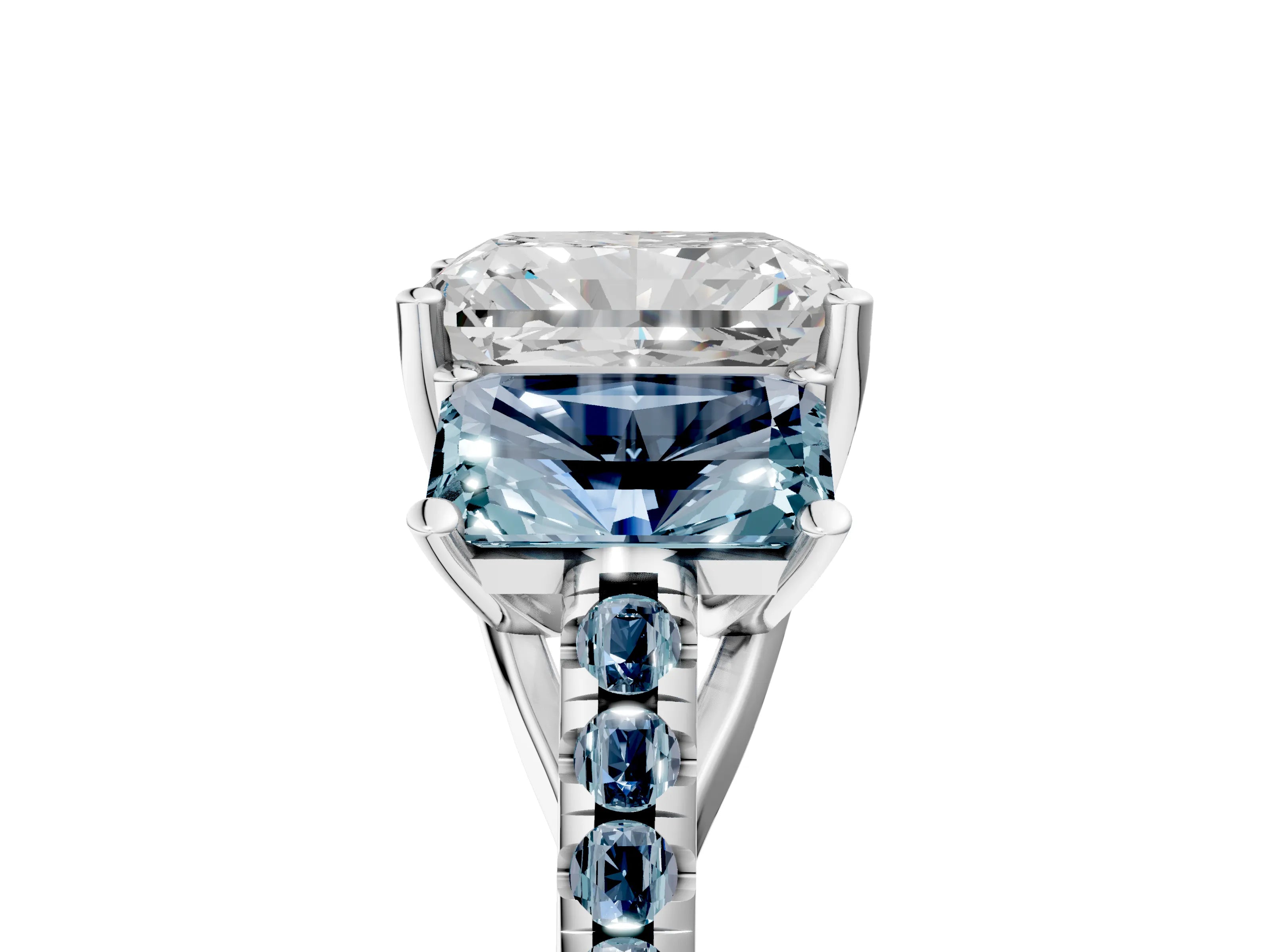 White gold Three-Stone Radiant Cut Diamond Ring with Round with Aquamarine side stone Pavé Band and Prong Setting_5