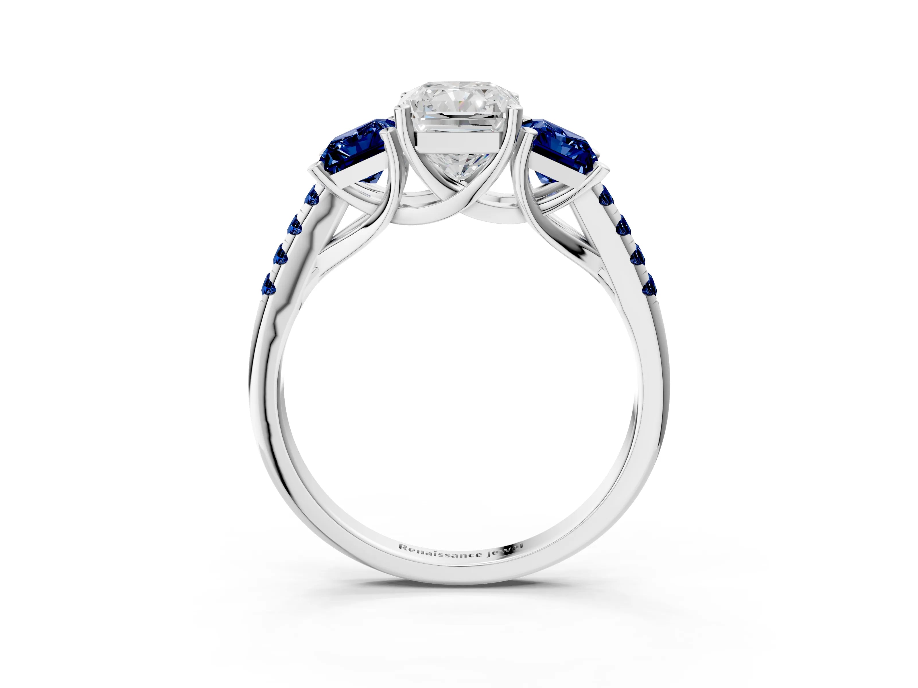 White gold Three-Stone Radiant Cut Diamond Ring with Round with Blue Sapphire side stone Pavé Band and Prong Setting_3