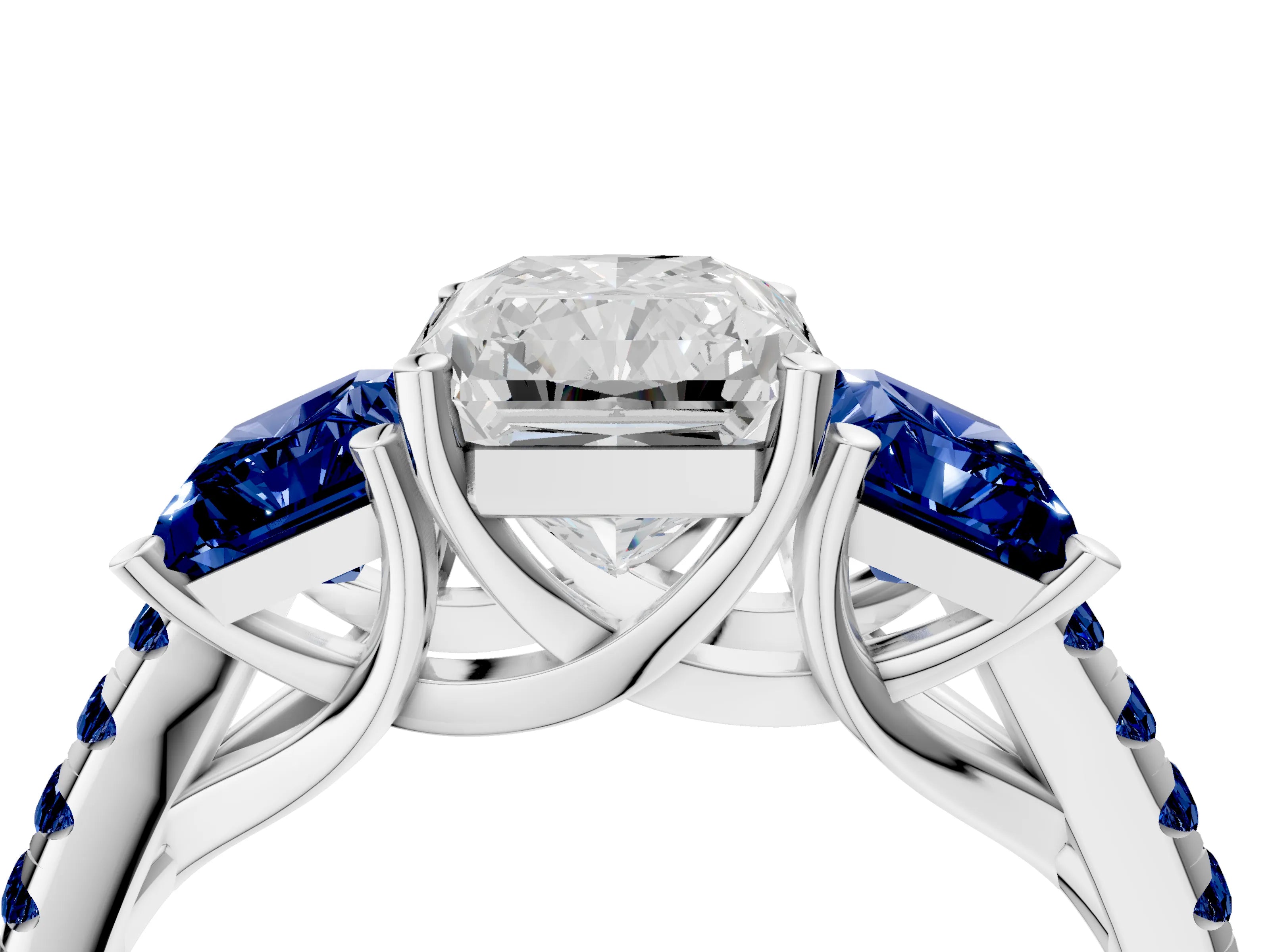 White gold Three-Stone Radiant Cut Diamond Ring with Round with Blue Sapphire side stone Pavé Band and Prong Setting_4