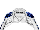 White gold Three-Stone Radiant Cut Diamond Ring with Round with Blue Sapphire side stone Pavé Band and Prong Setting_4