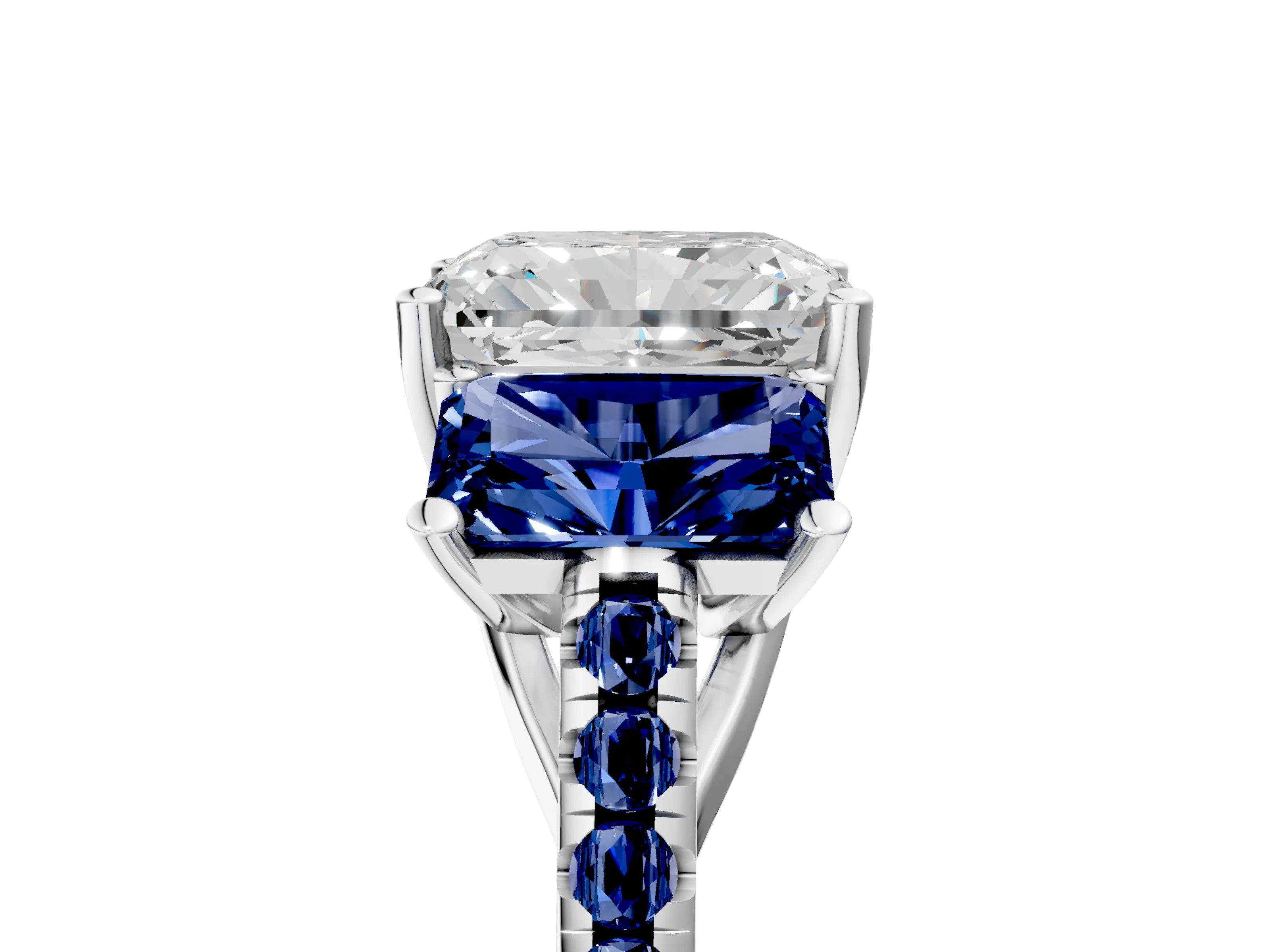 White gold Three-Stone Radiant Cut Diamond Ring with Round with Blue Sapphire side stone Pavé Band and Prong Setting_5