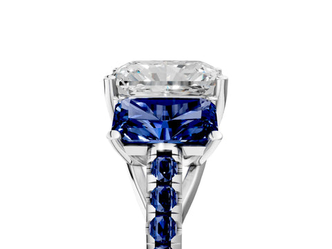 White gold Three-Stone Radiant Cut Diamond Ring with Round with Blue Sapphire side stone Pavé Band and Prong Setting_5