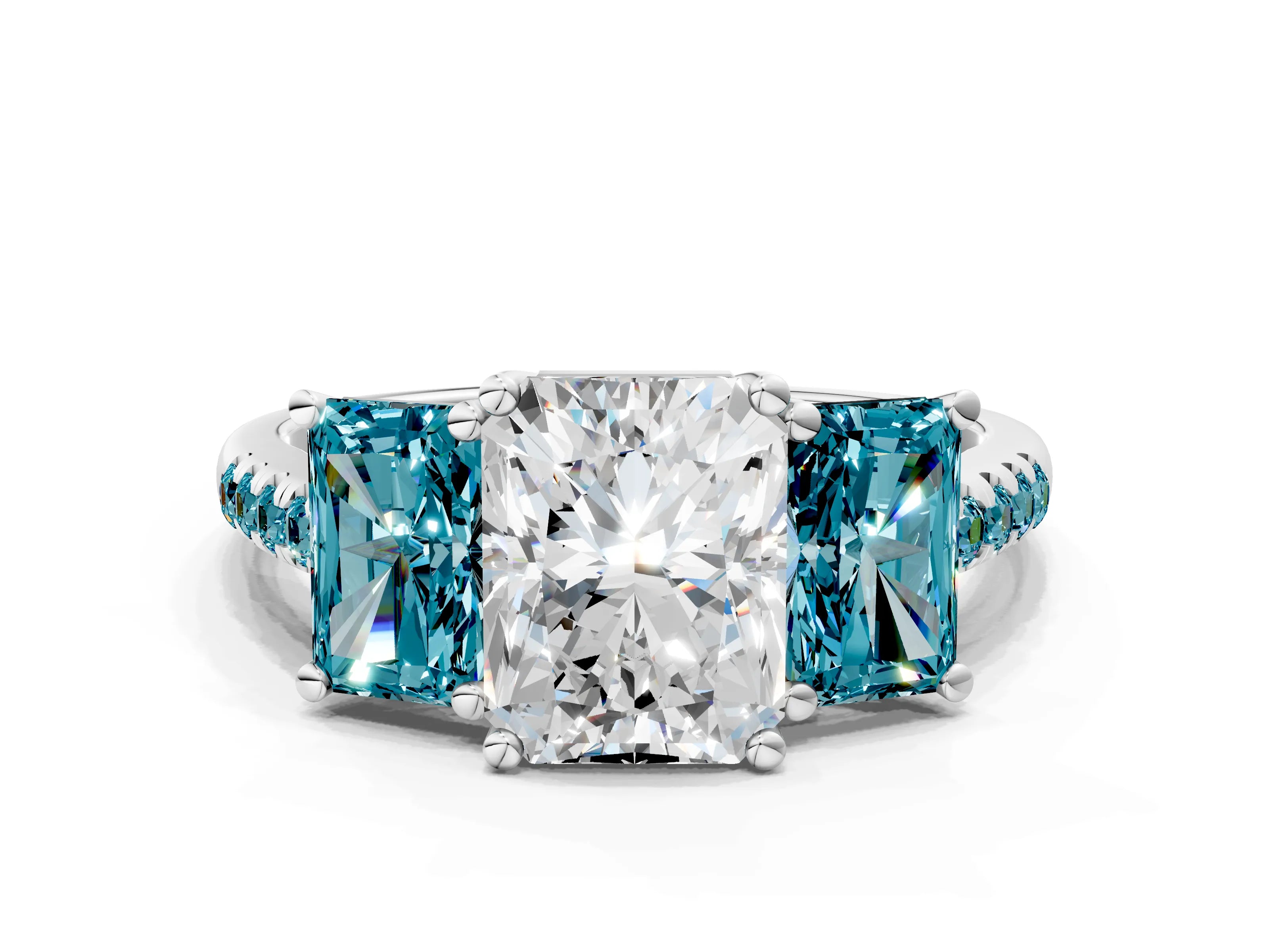 White gold Three-Stone Radiant Cut Diamond Ring with Round with Blue Topaz side stone Pavé Band and Prong Setting