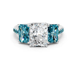 White gold Three-Stone Radiant Cut Diamond Ring with Round with Blue Topaz side stone Pavé Band and Prong Setting_12