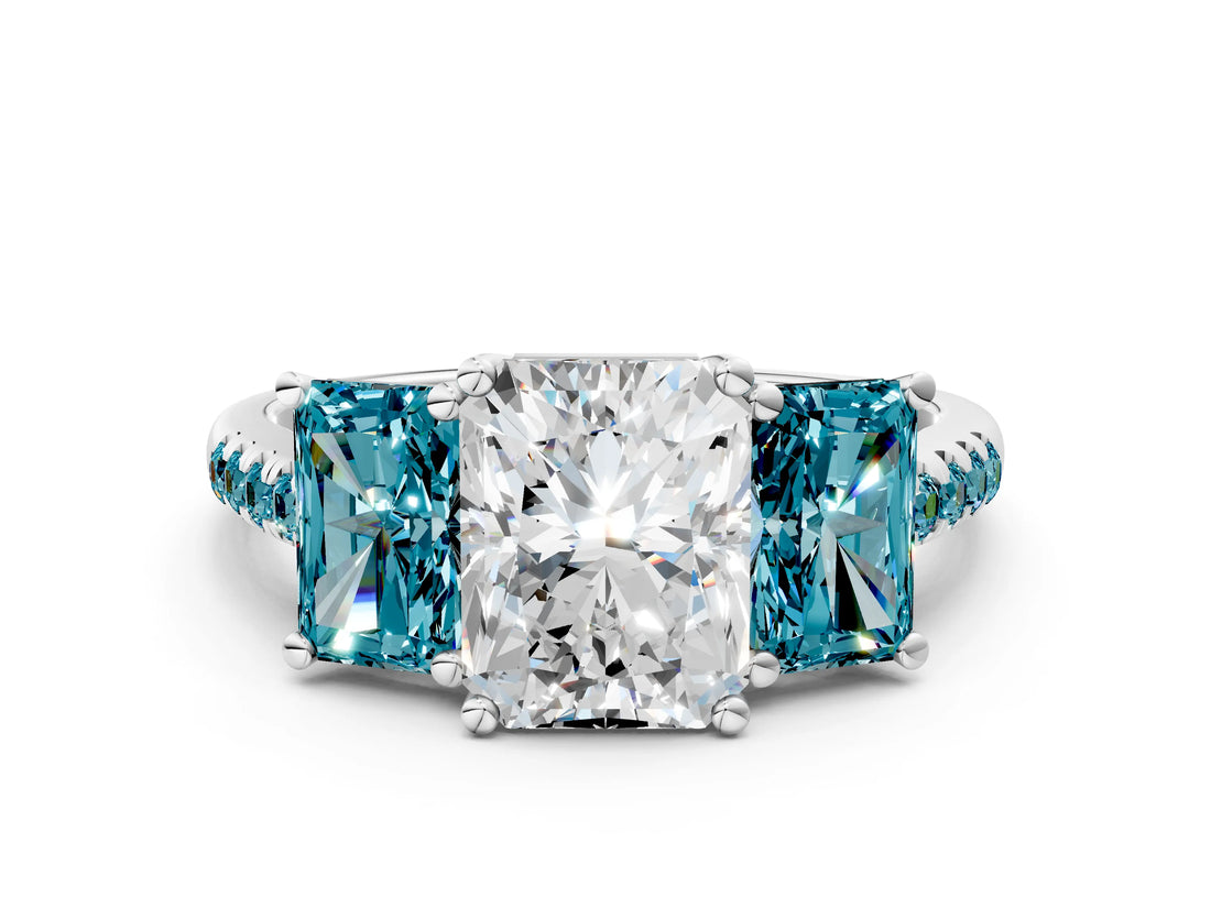 White gold Three-Stone Radiant Cut Diamond Ring with Round with Blue Topaz side stone Pavé Band and Prong Setting_12