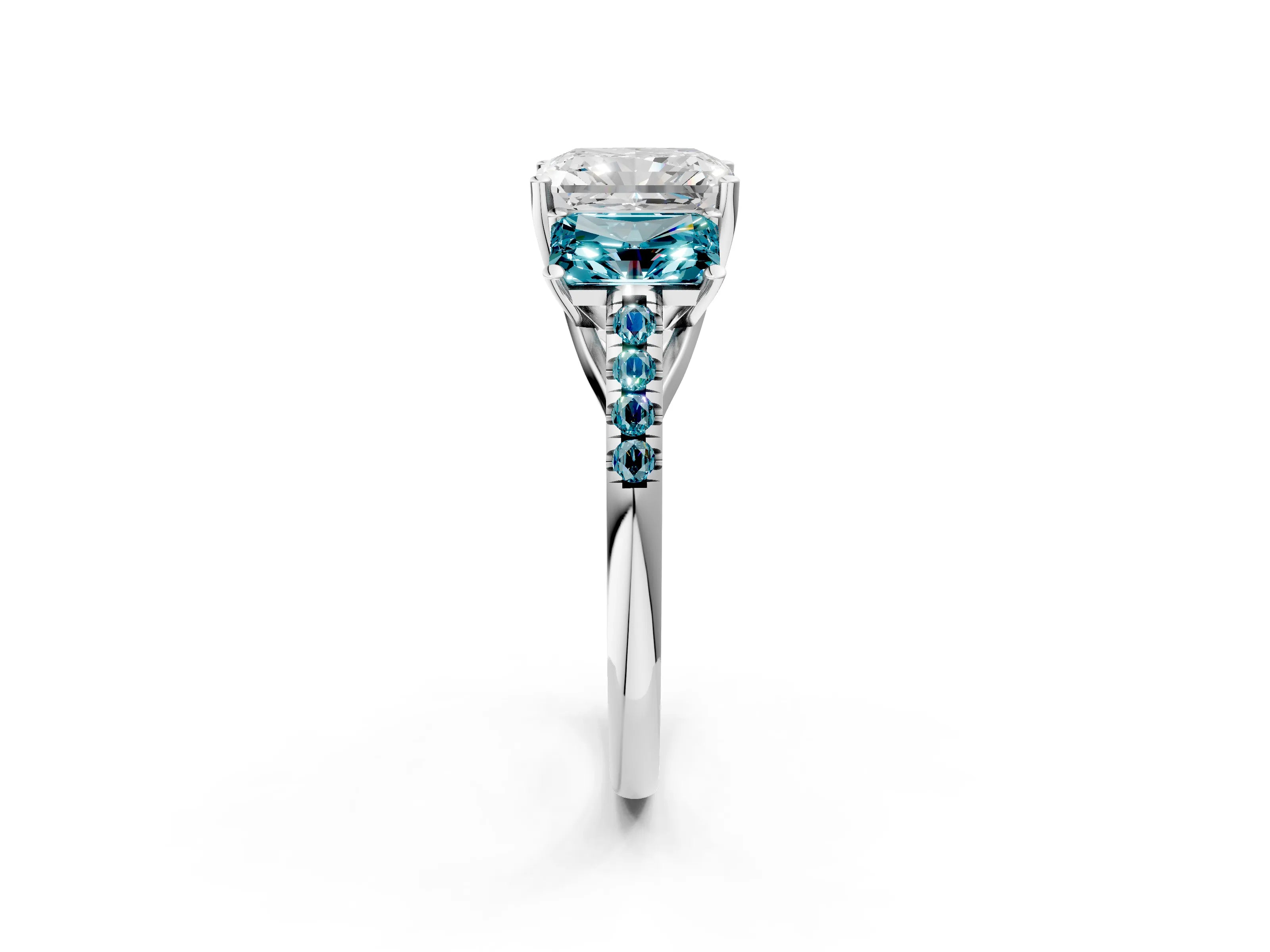 White gold Three-Stone Radiant Cut Diamond Ring with Round with Blue Topaz side stone Pavé Band and Prong Setting_2