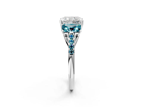 White gold Three-Stone Radiant Cut Diamond Ring with Round with Blue Topaz side stone Pavé Band and Prong Setting_2