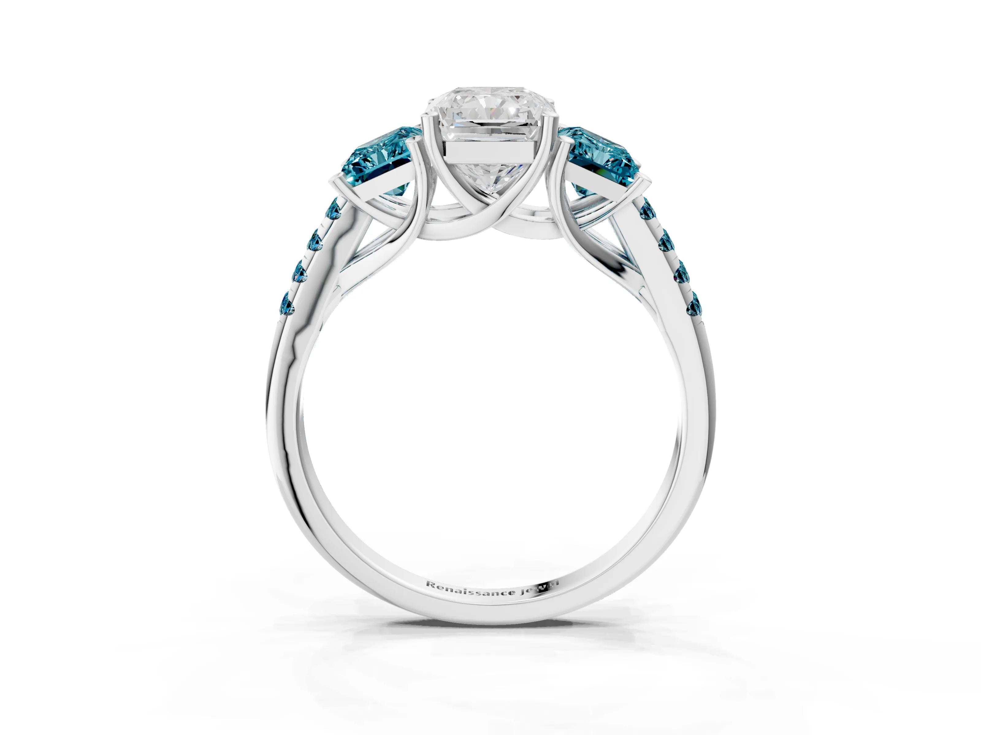 White gold Three-Stone Radiant Cut Diamond Ring with Round with Blue Topaz side stone Pavé Band and Prong Setting_3