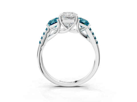 White gold Three-Stone Radiant Cut Diamond Ring with Round with Blue Topaz side stone Pavé Band and Prong Setting_3
