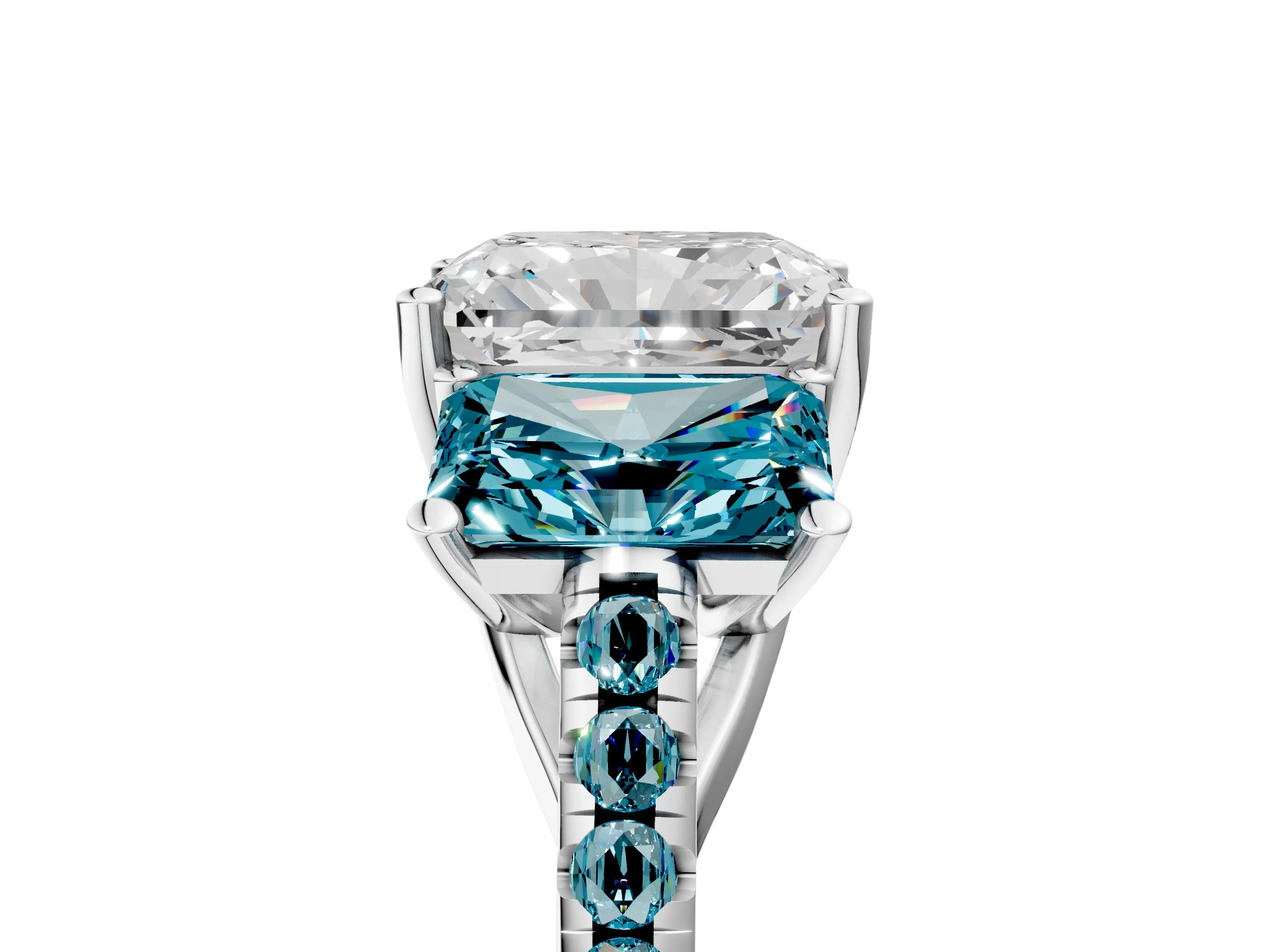 White gold Three-Stone Radiant Cut Diamond Ring with Round with Blue Topaz side stone Pavé Band and Prong Setting_5
