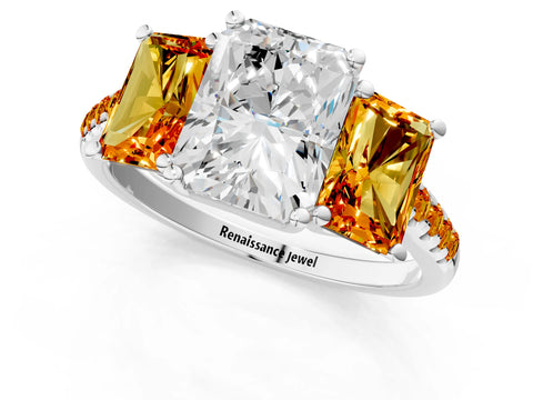 White gold Three-Stone Radiant Cut Diamond Ring with Round with Citrine side stone Pavé Band and Prong Setting_1