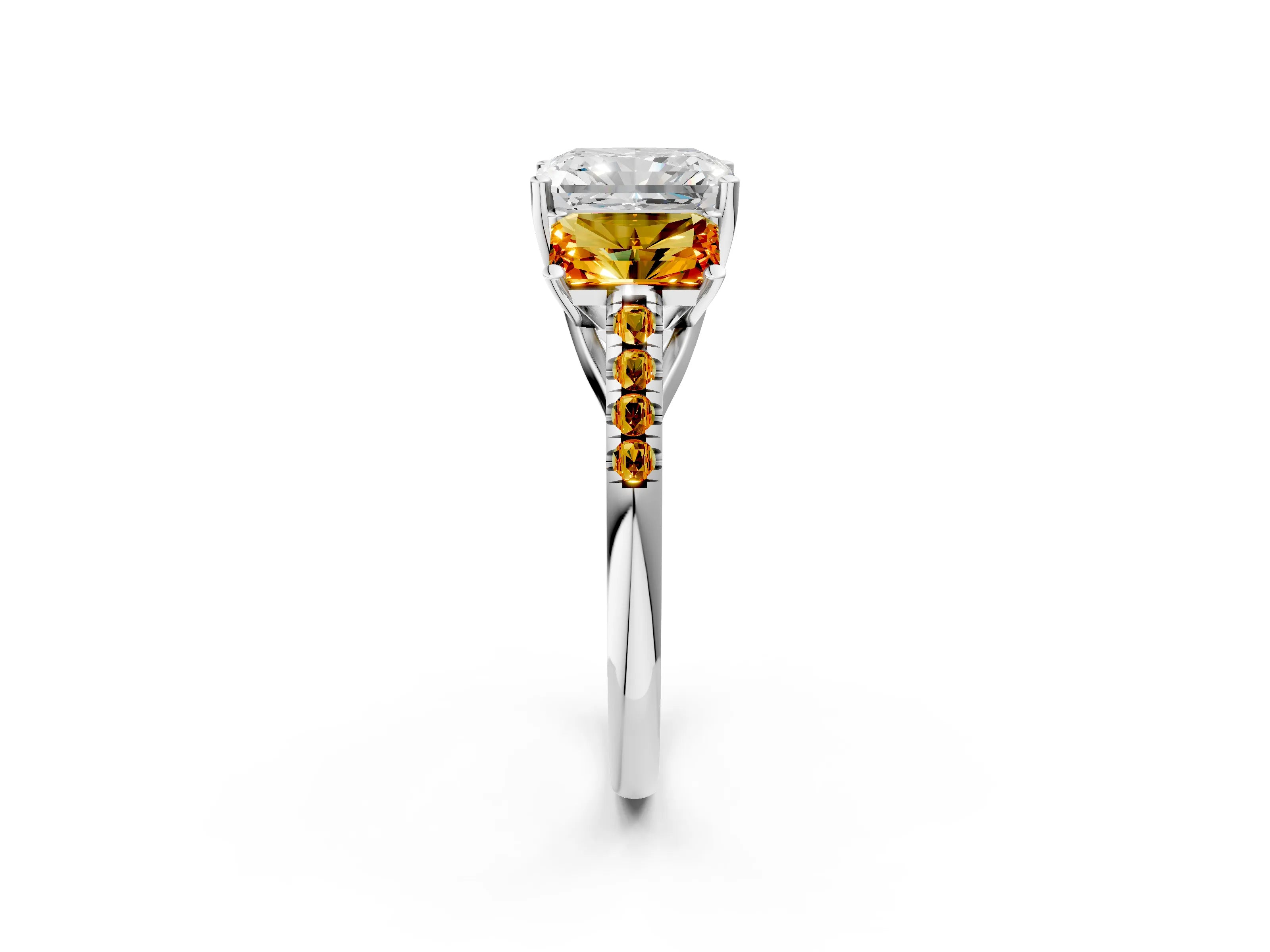 White gold Three-Stone Radiant Cut Diamond Ring with Round with Citrine side stone Pavé Band and Prong Setting_2