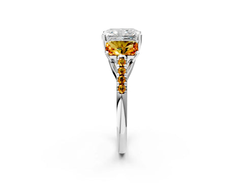 White gold Three-Stone Radiant Cut Diamond Ring with Round with Citrine side stone Pavé Band and Prong Setting_2