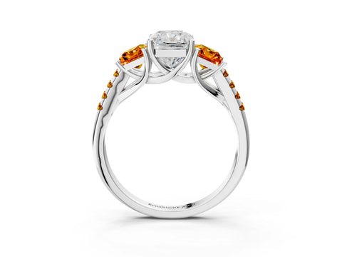 White gold Three-Stone Radiant Cut Diamond Ring with Round with Citrine side stone Pavé Band and Prong Setting_3