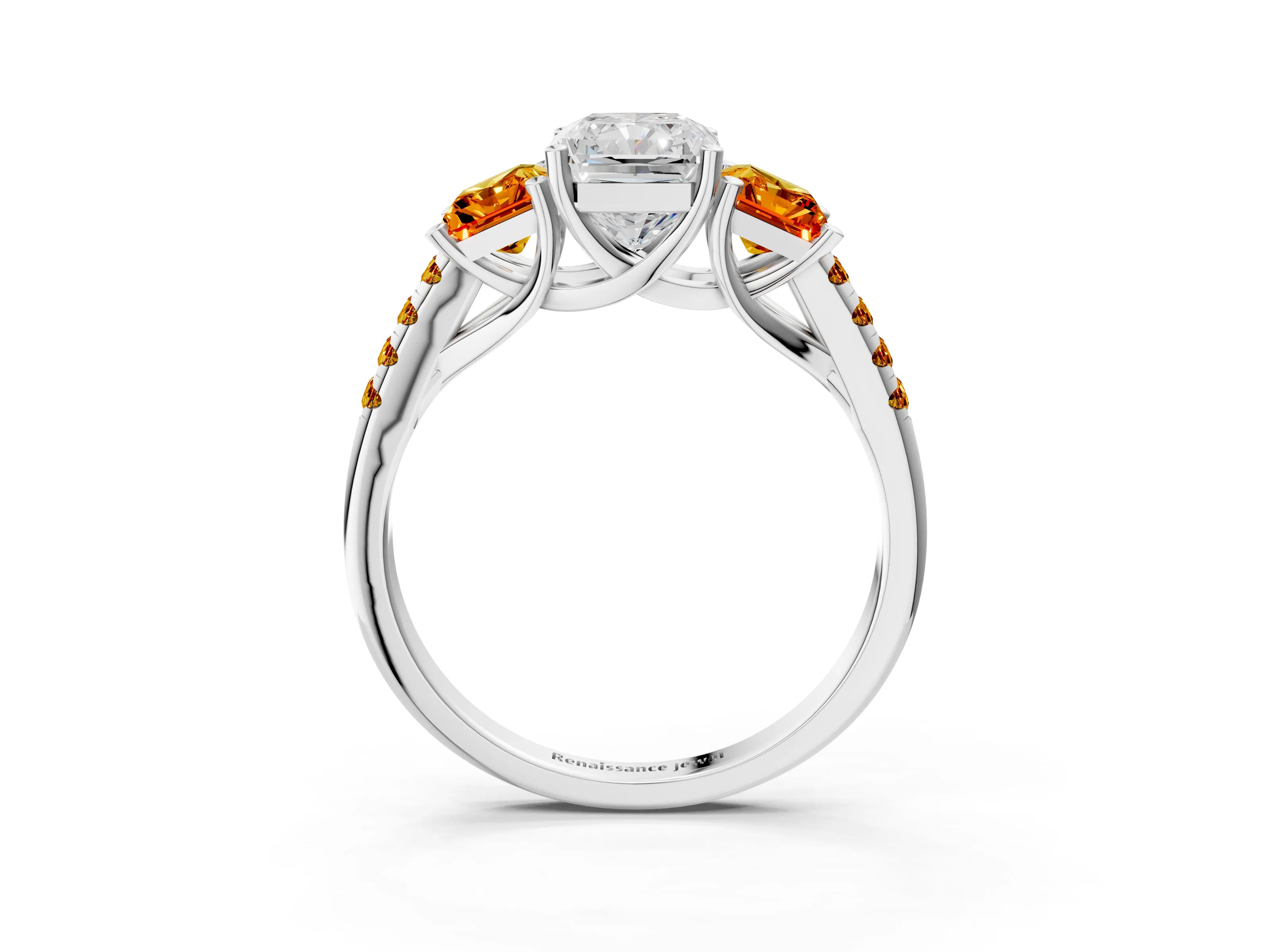 White gold Three-Stone Radiant Cut Diamond Ring with Round with Citrine side stone Pavé Band and Prong Setting_3