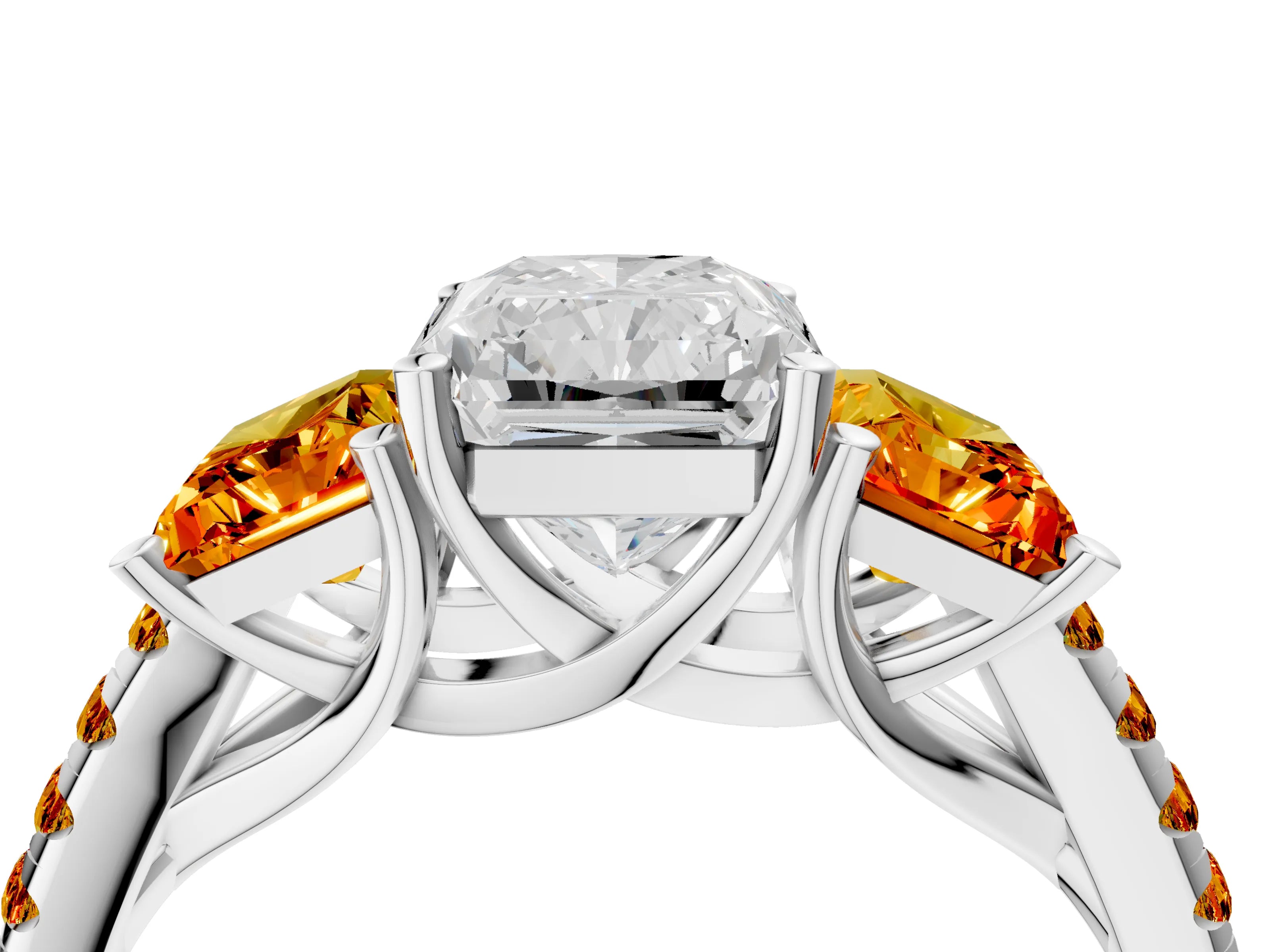 White gold Three-Stone Radiant Cut Diamond Ring with Round with Citrine side stone Pavé Band and Prong Setting_4