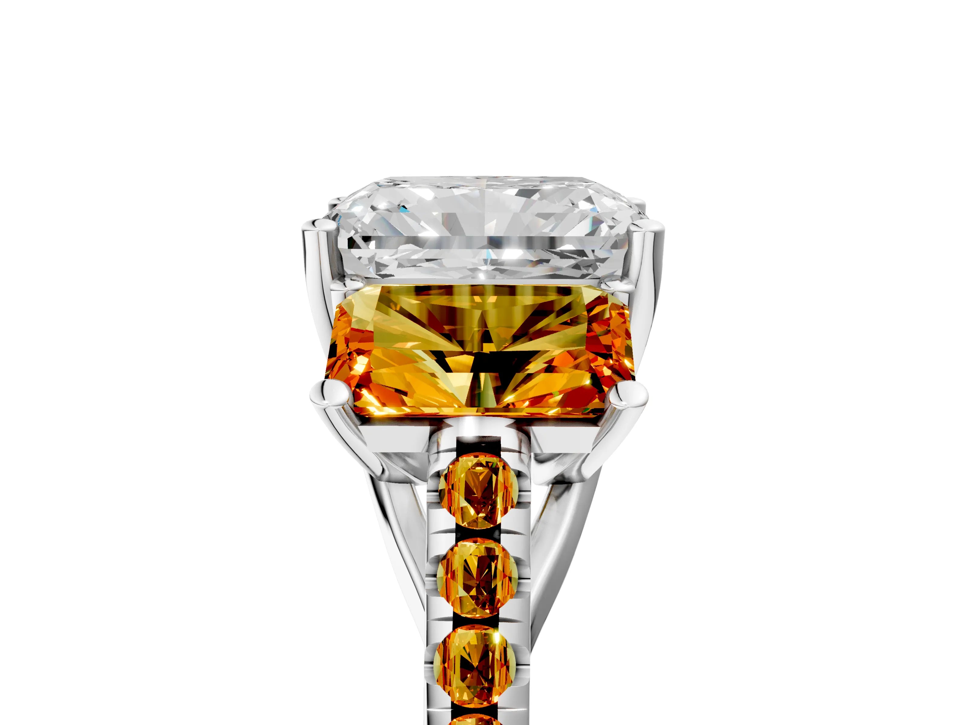 White gold Three-Stone Radiant Cut Diamond Ring with Round with Citrine side stone Pavé Band and Prong Setting_5