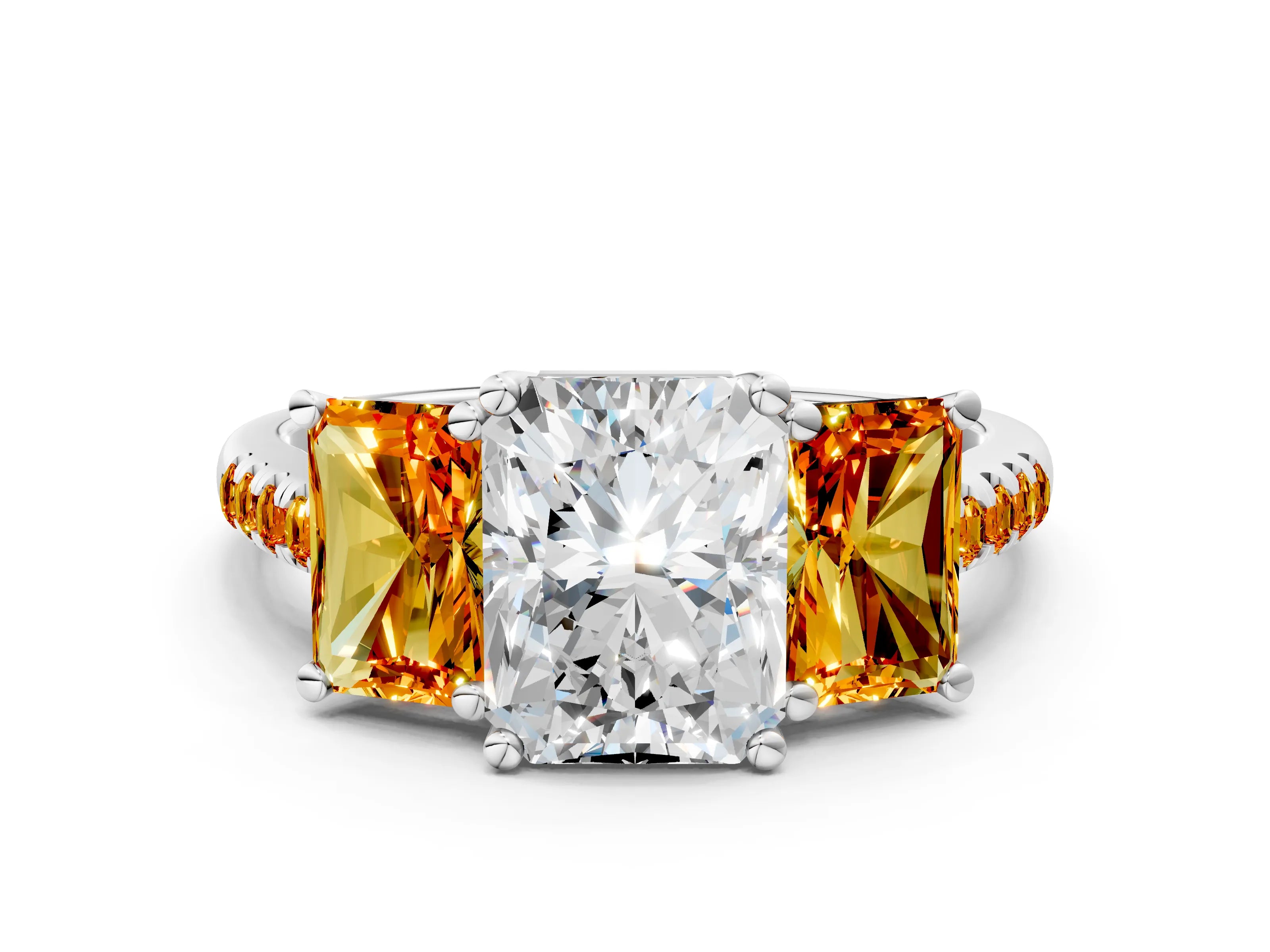 White gold Three-Stone Radiant Cut Diamond Ring with Round with Citrine side stone Pavé Band and Prong Setting
