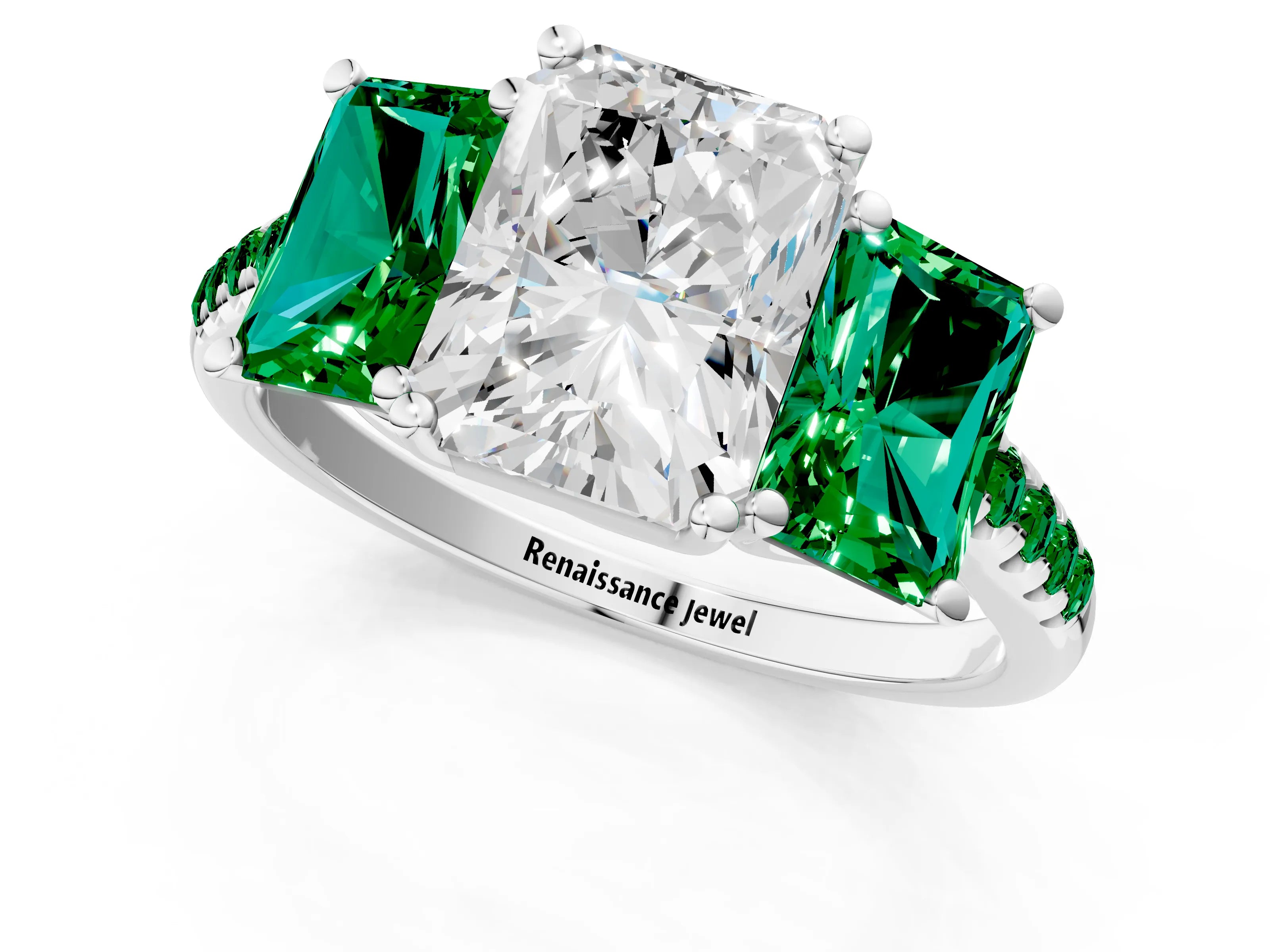 White gold Three-Stone Radiant Cut Diamond Ring with Round with Emerald side stone Pavé Band and Prong Setting_1
