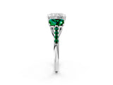 White gold Three-Stone Radiant Cut Diamond Ring with Round with Emerald side stone Pavé Band and Prong Setting_2