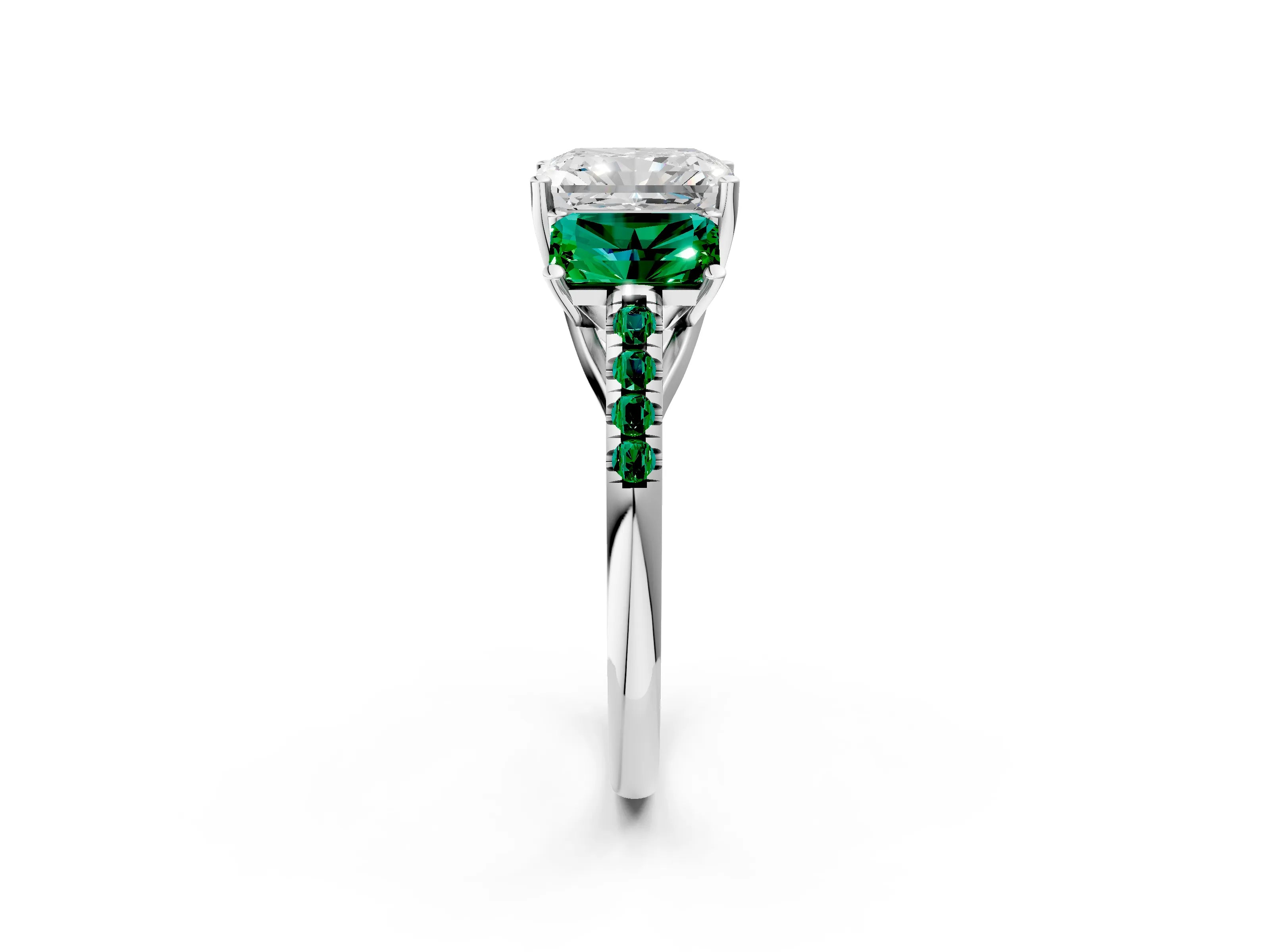 White gold Three-Stone Radiant Cut Diamond Ring with Round with Emerald side stone Pavé Band and Prong Setting_2