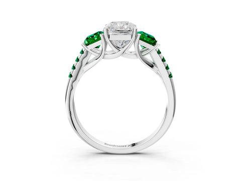 White gold Three-Stone Radiant Cut Diamond Ring with Round with Emerald side stone Pavé Band and Prong Setting_3