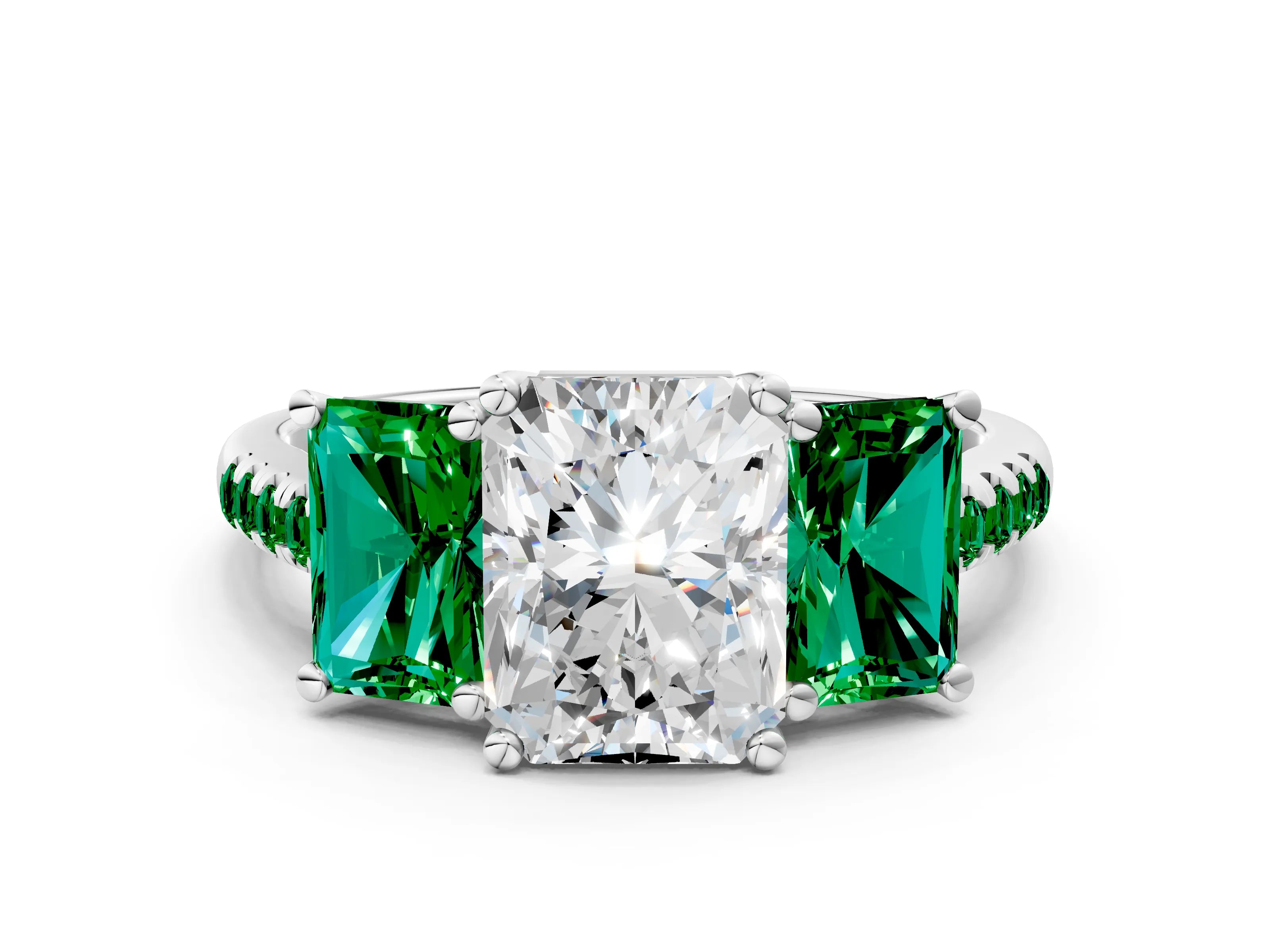 White gold Three-Stone Radiant Cut Diamond Ring with Round with Emerald side stone Pavé Band and Prong Setting