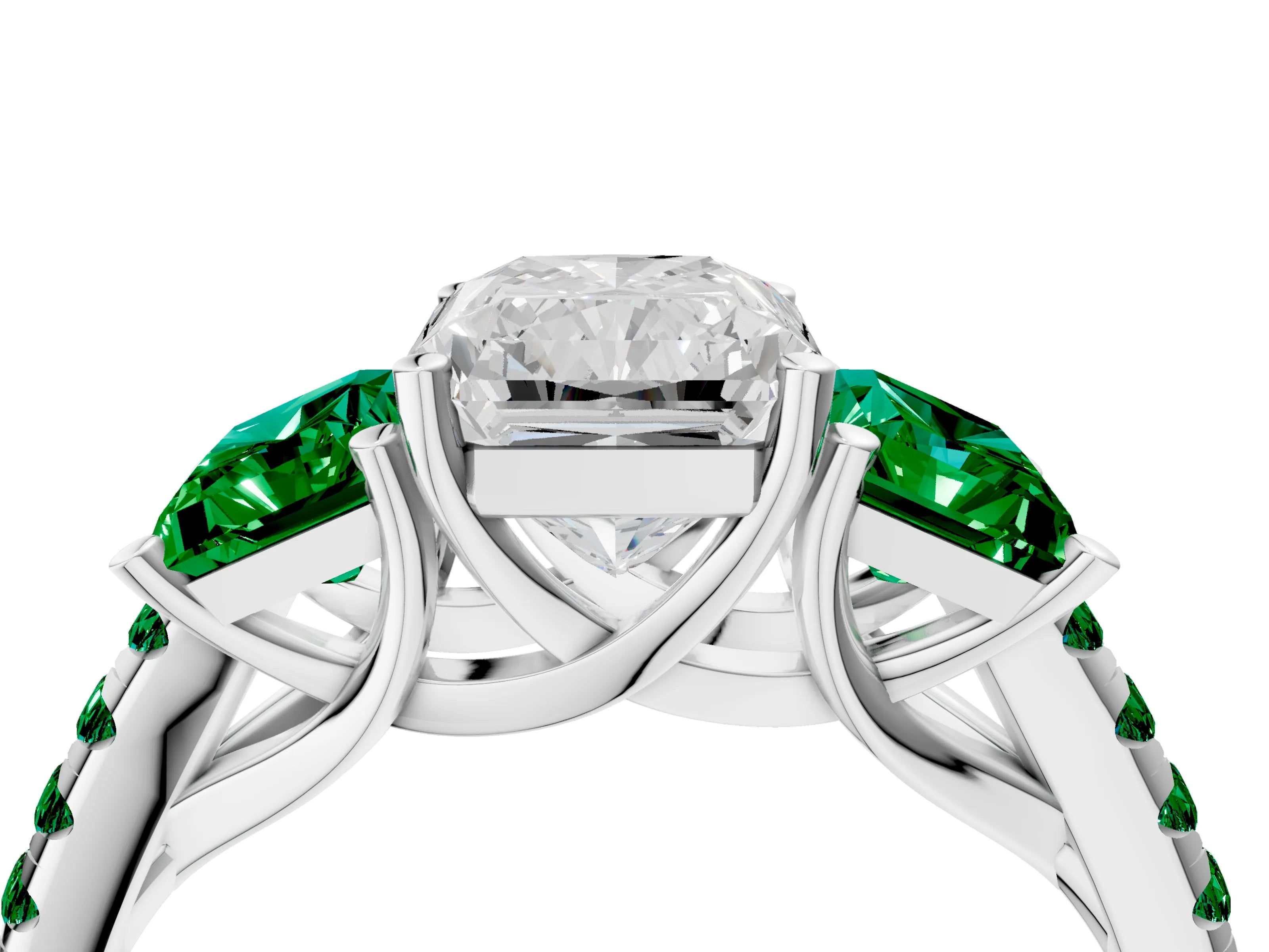 White gold Three-Stone Radiant Cut Diamond Ring with Round with Emerald side stone Pavé Band and Prong Setting_4