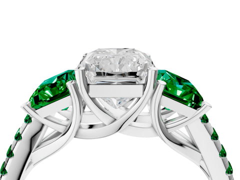 White gold Three-Stone Radiant Cut Diamond Ring with Round with Emerald side stone Pavé Band and Prong Setting_4